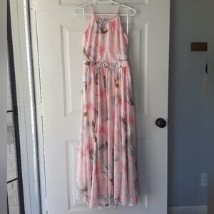 Pink White Floral Halter Long Dress.